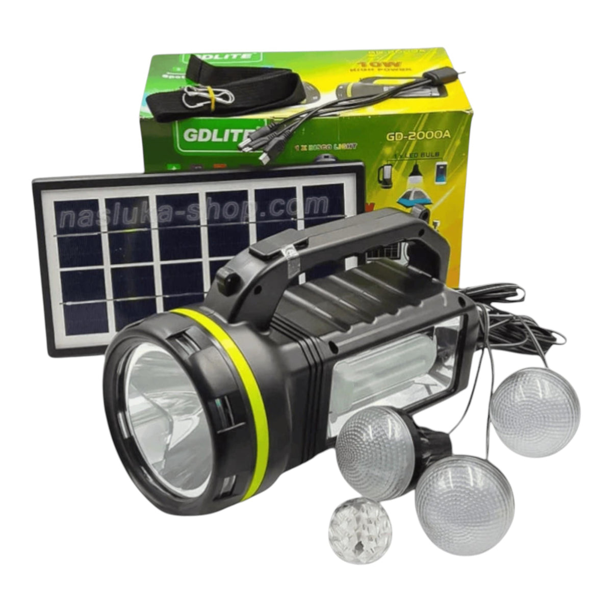 Kit solar portabil GD-2000A, Panou Solar, USB, Bluetooth, Radio FM, 3 Becuri, Incarcator telefon