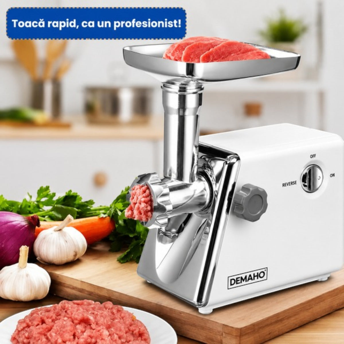 Masina de tocat carne electrica 3000 W – 120 kg/ora, 2 site inox, functie Reverse, componente detasabile
