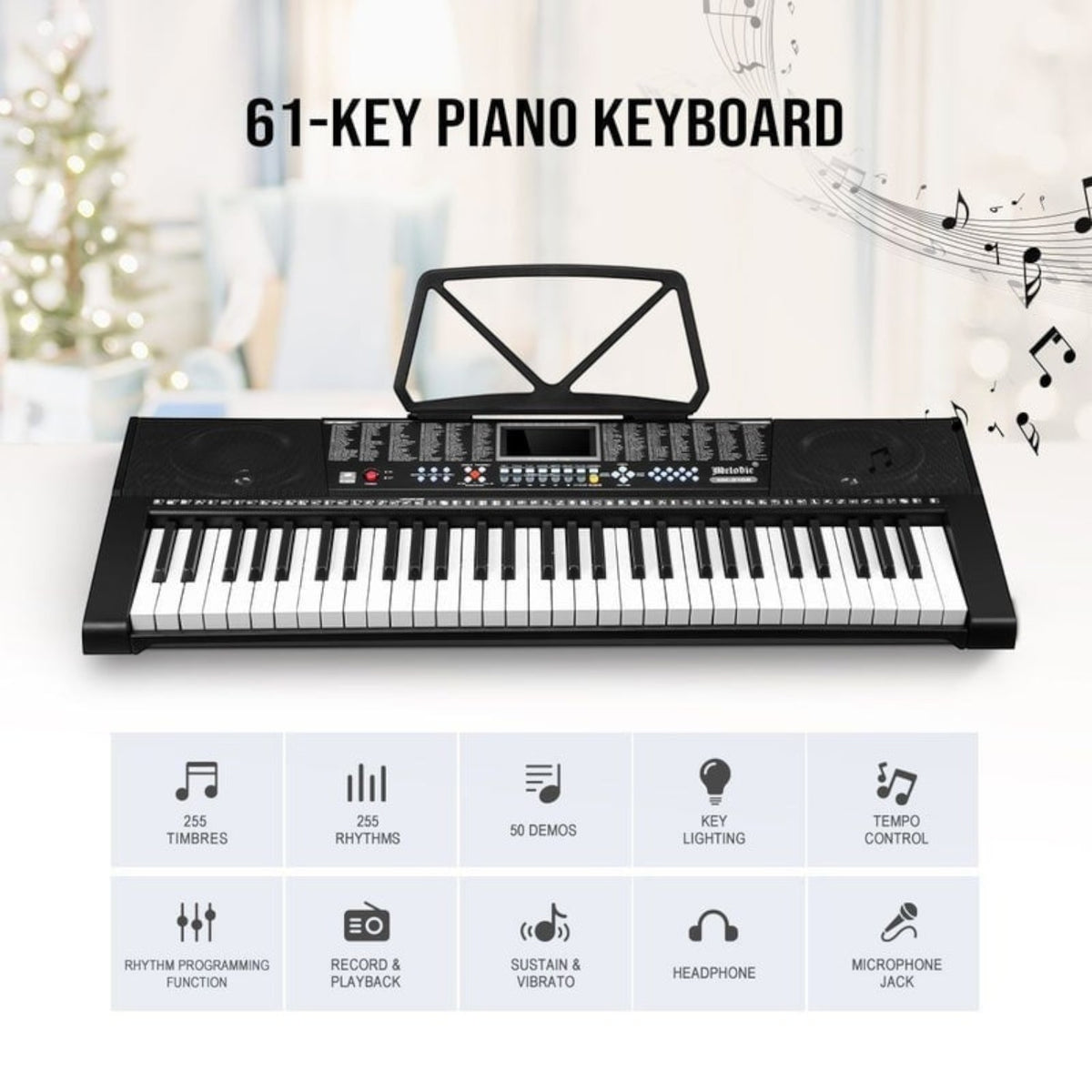 Orga MK2108, 61 clape luminate LED, 5 octave, 255 timbre, 255 ritmuri, ecran LCD