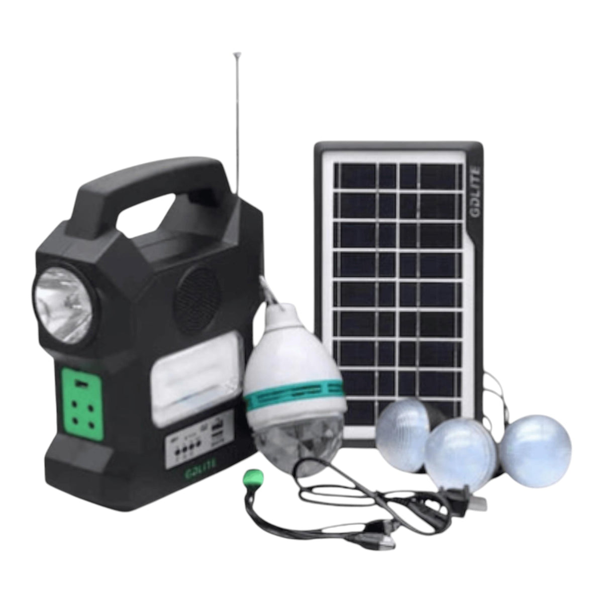 Kit Solar Portabil GDLITE GD-1000A, Panou Solar, USB, Bluetooth, Radio FM, MP3, Lanterna LED, 4 Becuri Incluse, Alimentare 220V