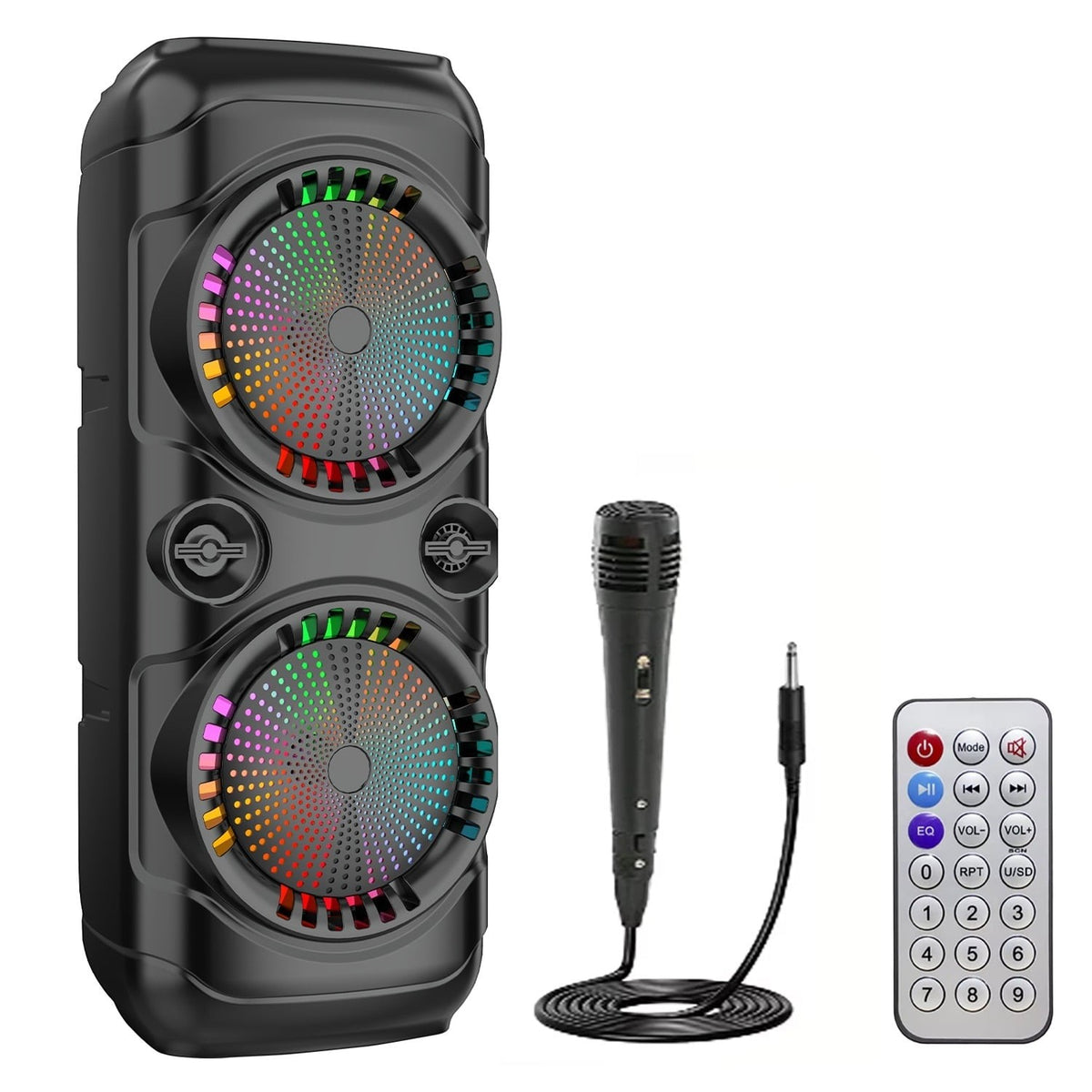 Boxa portabila tip Troler, Bluetooth 5.0, 350W, 2400mAh, Jocuri Lumini RGB, Conexiune USB, Auxiliar, Card SD, Radio FM, Microfon, Telecomanda, Doua Difuzoare 8 Inch