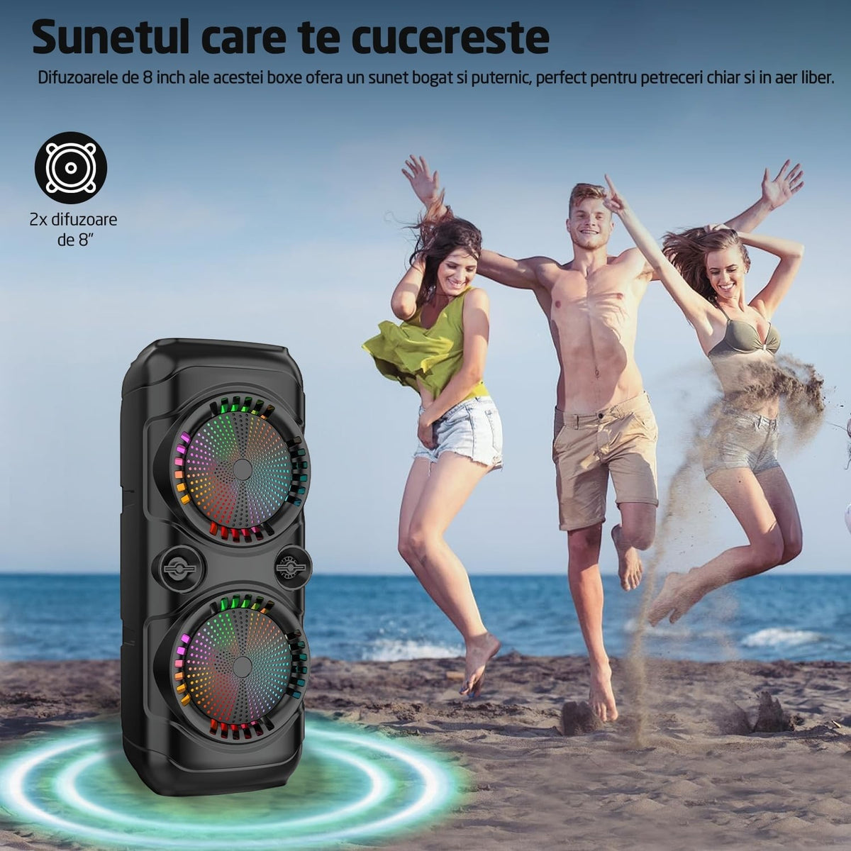 Boxa portabila tip Troler, Bluetooth 5.0, 350W, 2400mAh, Jocuri Lumini RGB, Conexiune USB, Auxiliar, Card SD, Radio FM, Microfon, Telecomanda, Doua Difuzoare 8 Inch