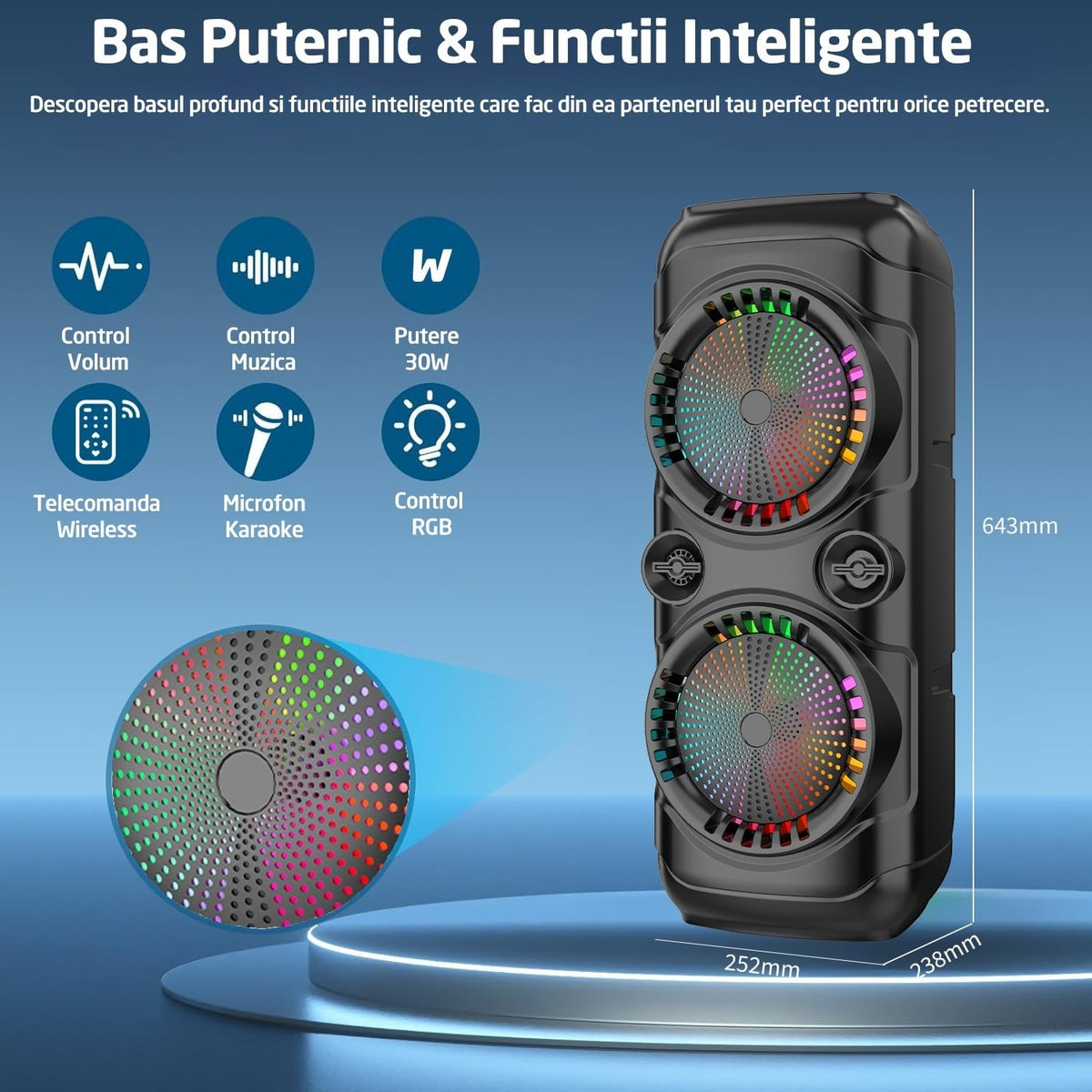 Boxa portabila tip Troler, Bluetooth 5.0, 350W, 2400mAh, Jocuri Lumini RGB, Conexiune USB, Auxiliar, Card SD, Radio FM, Microfon, Telecomanda, Doua Difuzoare 8 Inch