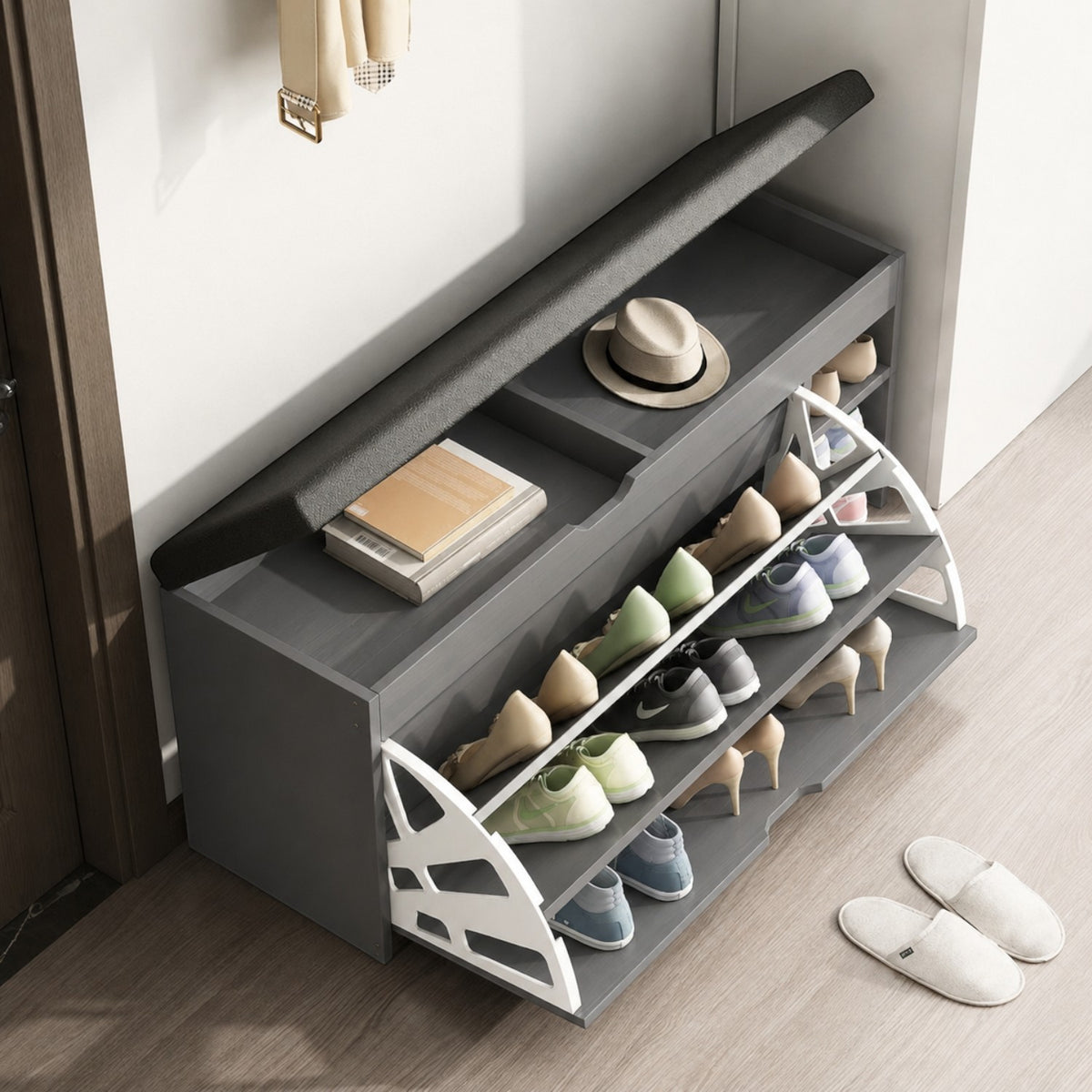 Dulap pentru pantofi tip bancheta, 6 rafturi, 100x34x50 cm, PAL melaminat