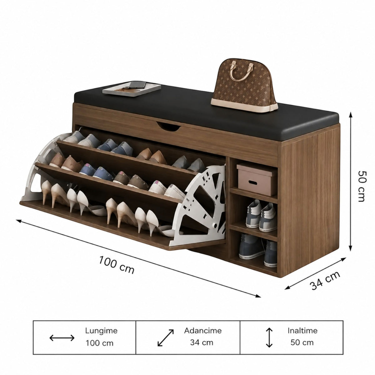 Dulap pentru pantofi tip bancheta, 6 rafturi, 100x34x50 cm, PAL melaminat