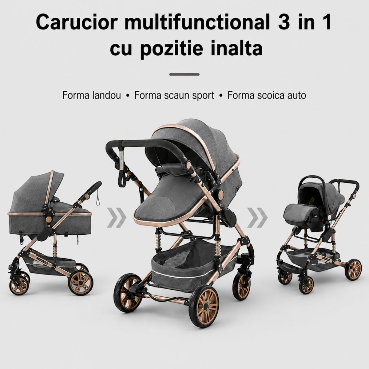 Carucior 3 in 1 Multifunctional, cu suspensii, Pliabil, Landou, Scaun Auto si Carucior Sport, 0-36 luni, 25 kg, roti cauciuc, cos depozitare