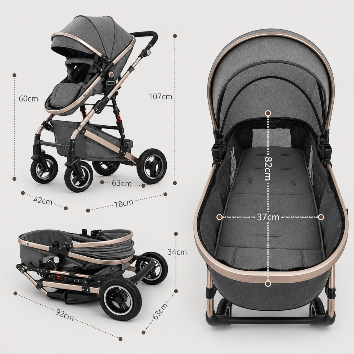 Carucior 3 in 1 Multifunctional, cu suspensii, Pliabil, Landou, Scaun Auto si Carucior Sport, 0-36 luni, 25 kg, roti cauciuc, cos depozitare