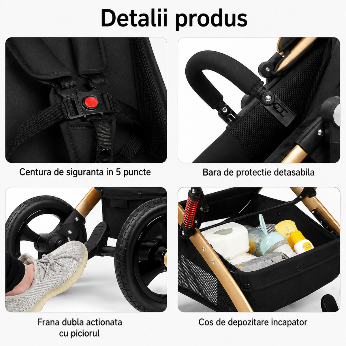 Carucior 3 in 1 Multifunctional, cu suspensii, Pliabil, Landou, Scaun Auto si Carucior Sport, 0-36 luni, 25 kg, roti cauciuc, cos depozitare