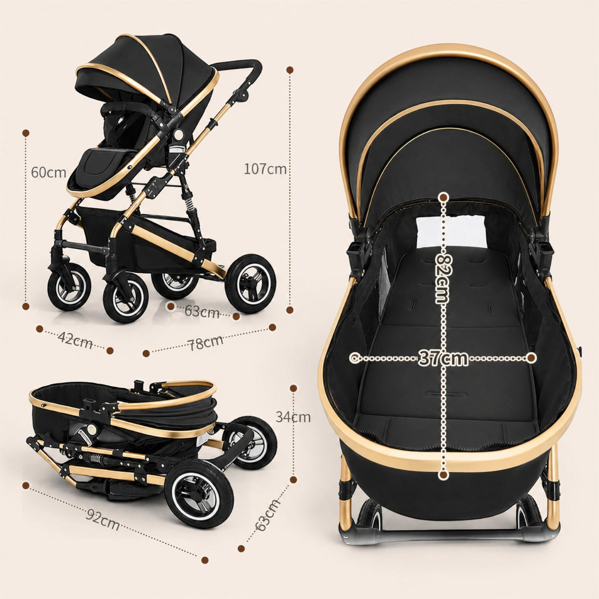 Carucior 3 in 1 Multifunctional, cu suspensii, Pliabil, Landou, Scaun Auto si Carucior Sport, 0-36 luni, 25 kg, roti cauciuc, cos depozitare