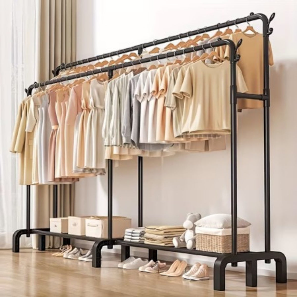 Suport haine dublu metalic 190x159x40 cm, organizator umerase si suport pantofi, negru