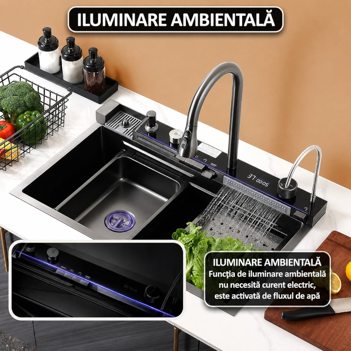 Chiuveta multifunctionala cu 2 cascade, afisaj digital, accesorii incluse, 750x460 mm, negru grafit