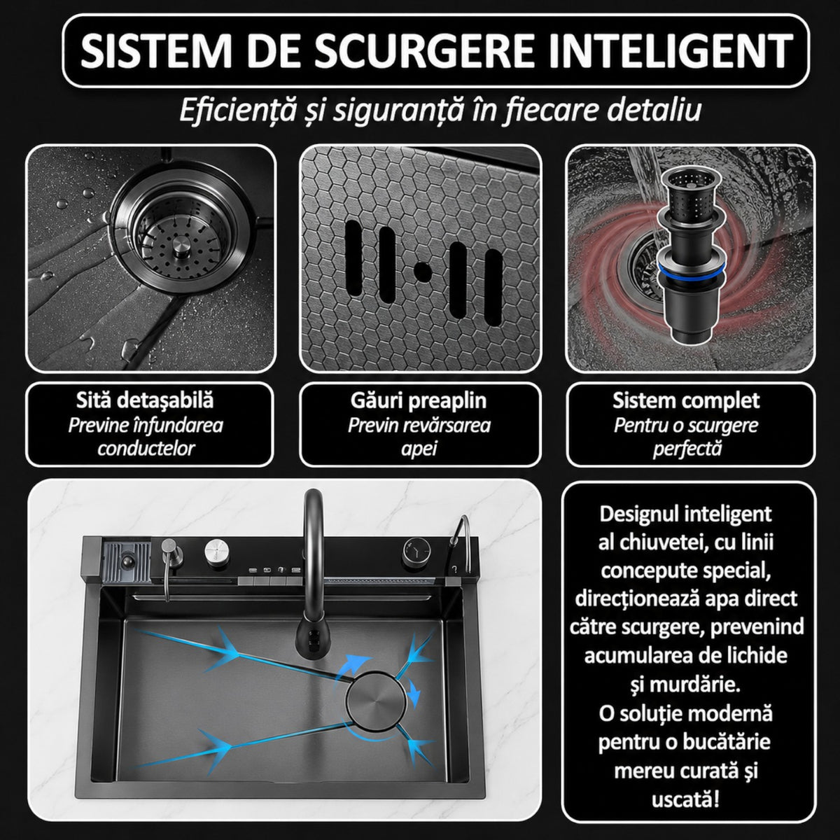 Chiuveta multifunctionala cu 2 cascade, afisaj digital, accesorii incluse, 750x460 mm, negru grafit