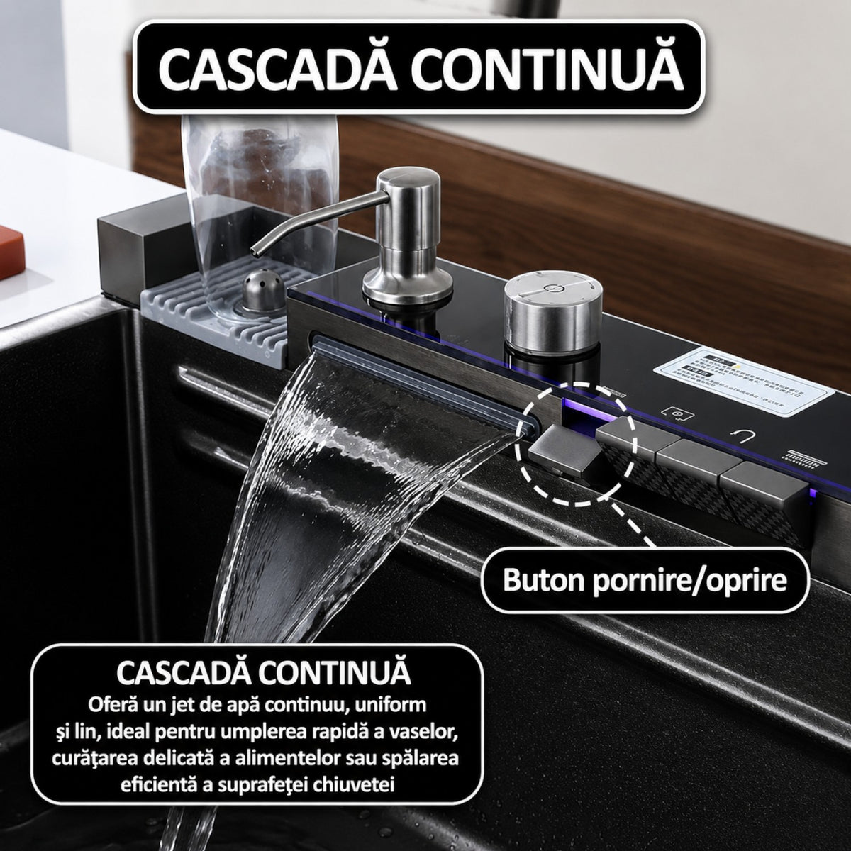 Chiuveta multifunctionala cu 2 cascade, afisaj digital, accesorii incluse, 750x460 mm, negru grafit
