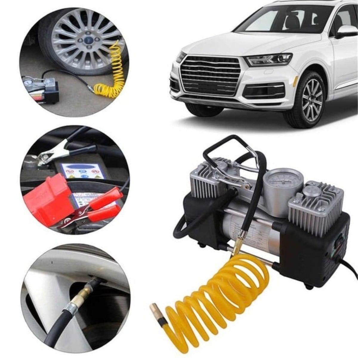 Kit pana auto complet, compresor 2 cilindri, 500W, 12V, debit 60 l/min, furtun 5m, metal, protectie suprasarcina