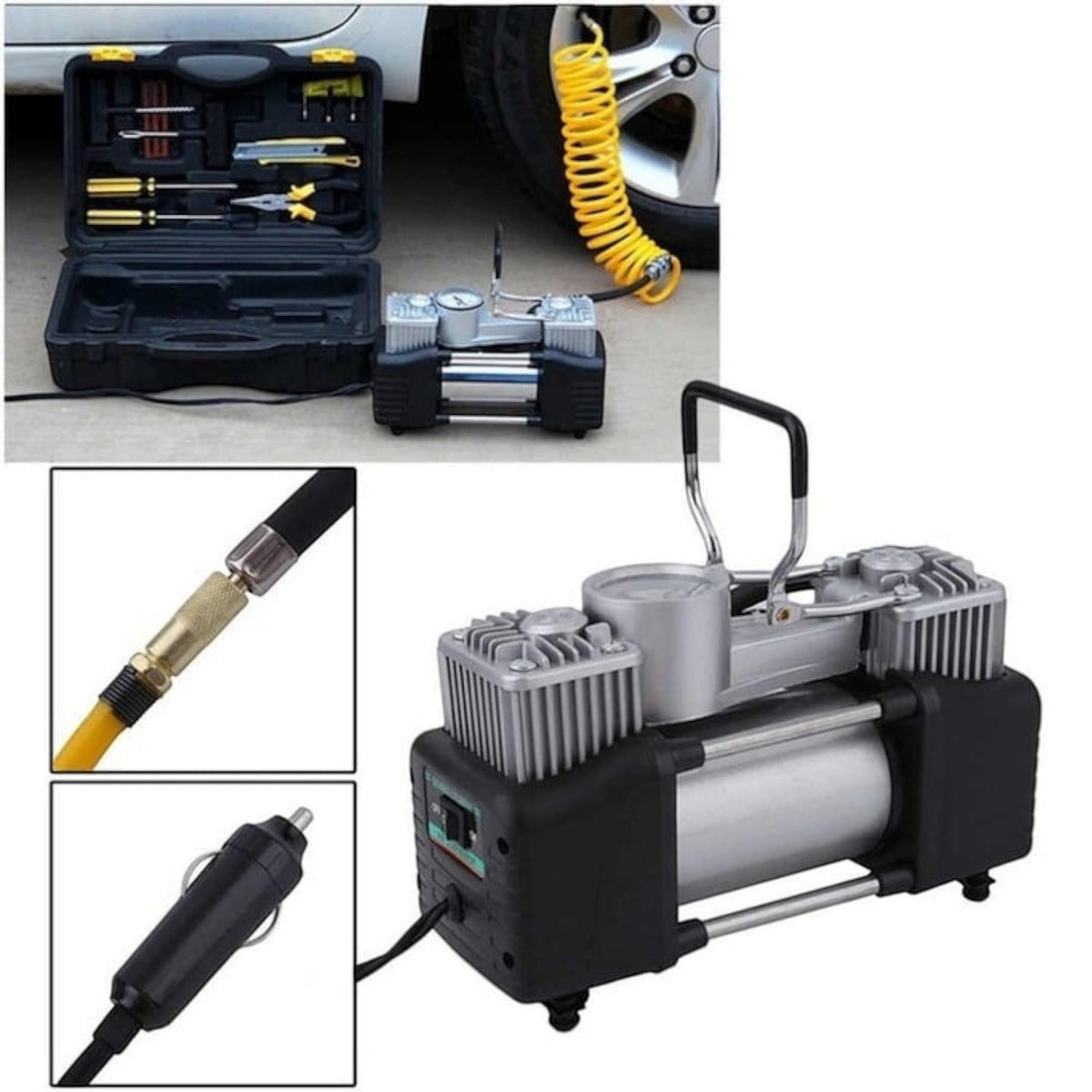Kit pana auto complet, compresor 2 cilindri, 500W, 12V, debit 60 l/min, furtun 5m, metal, protectie suprasarcina