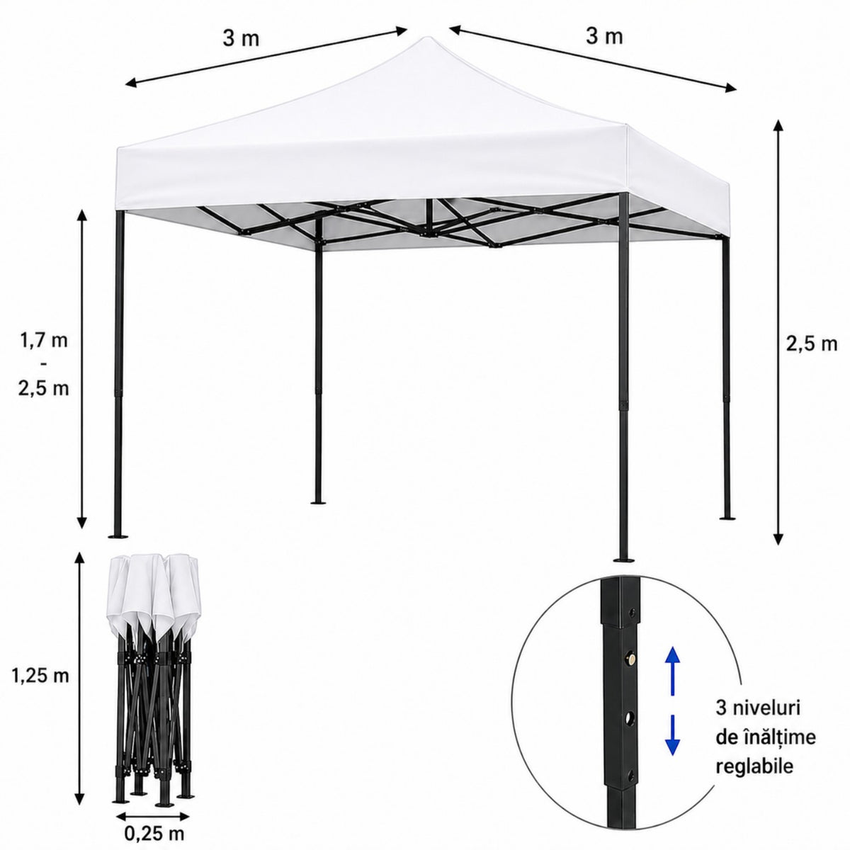 Cort pavilion 3x3m pliabil, cadru metalic, panza impermeabila