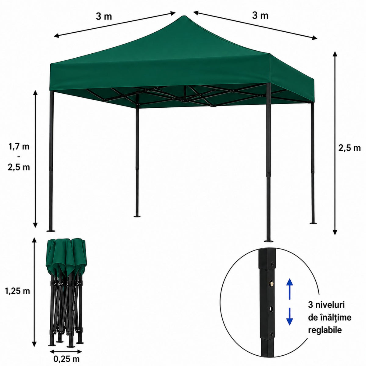 Cort pavilion 3x3m pliabil, cadru metalic, panza impermeabila