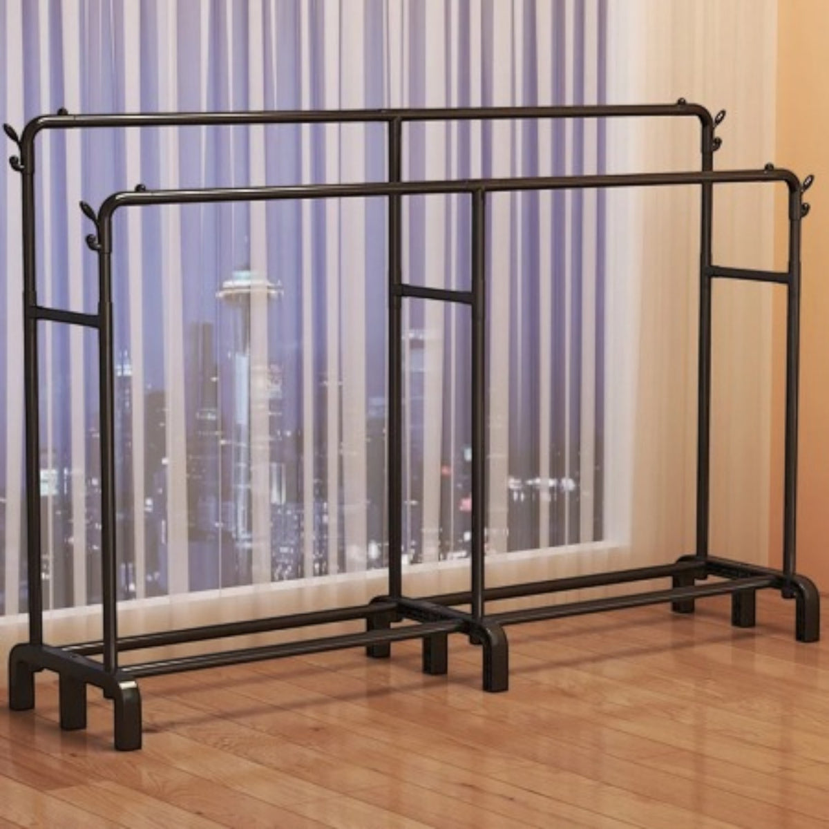 Suport haine dublu metalic 190x159x40 cm, organizator umerase si suport pantofi, negru