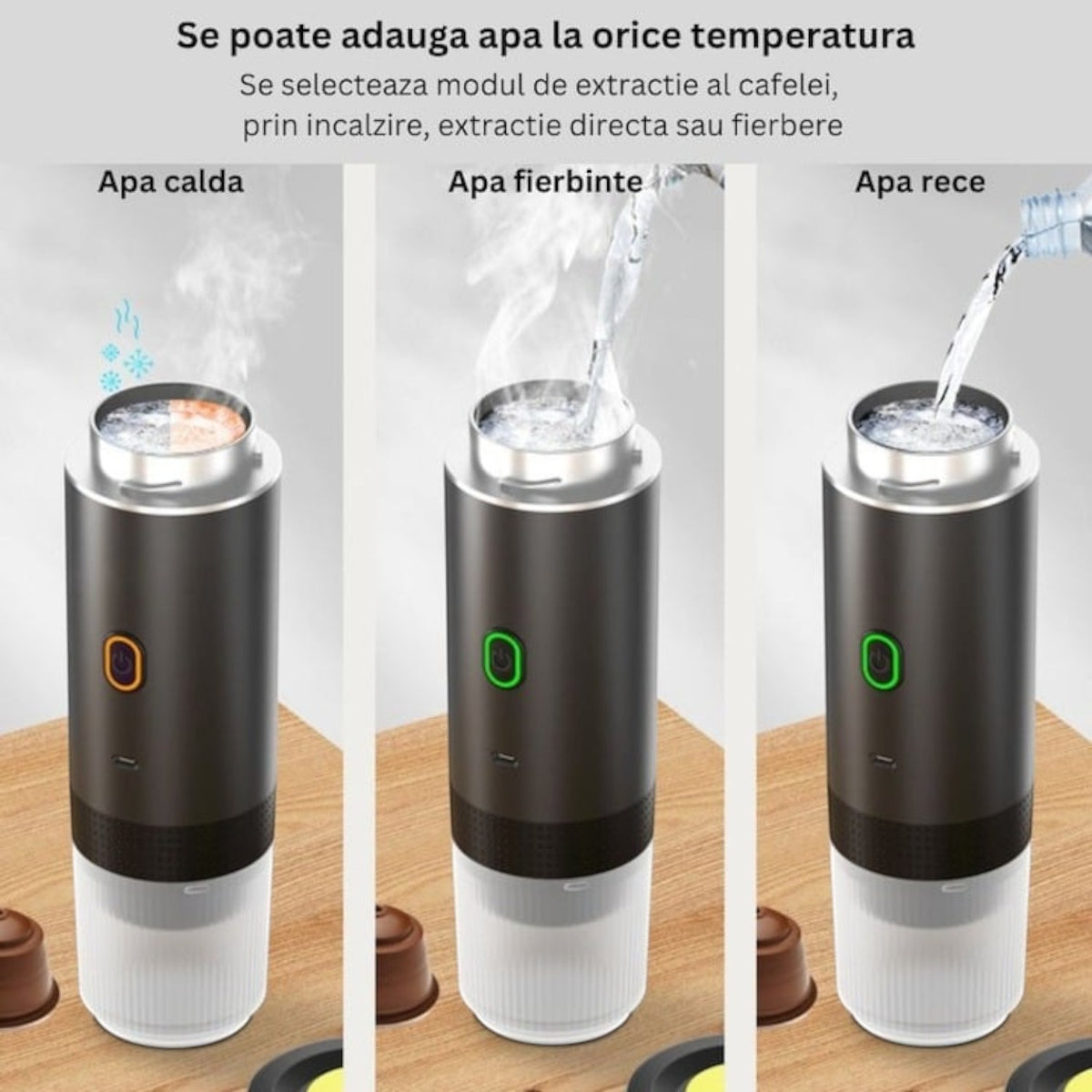 Espressor electric portabil, 72W, baterie 2500mAh, USB-C, 150ml, incalzire rapida