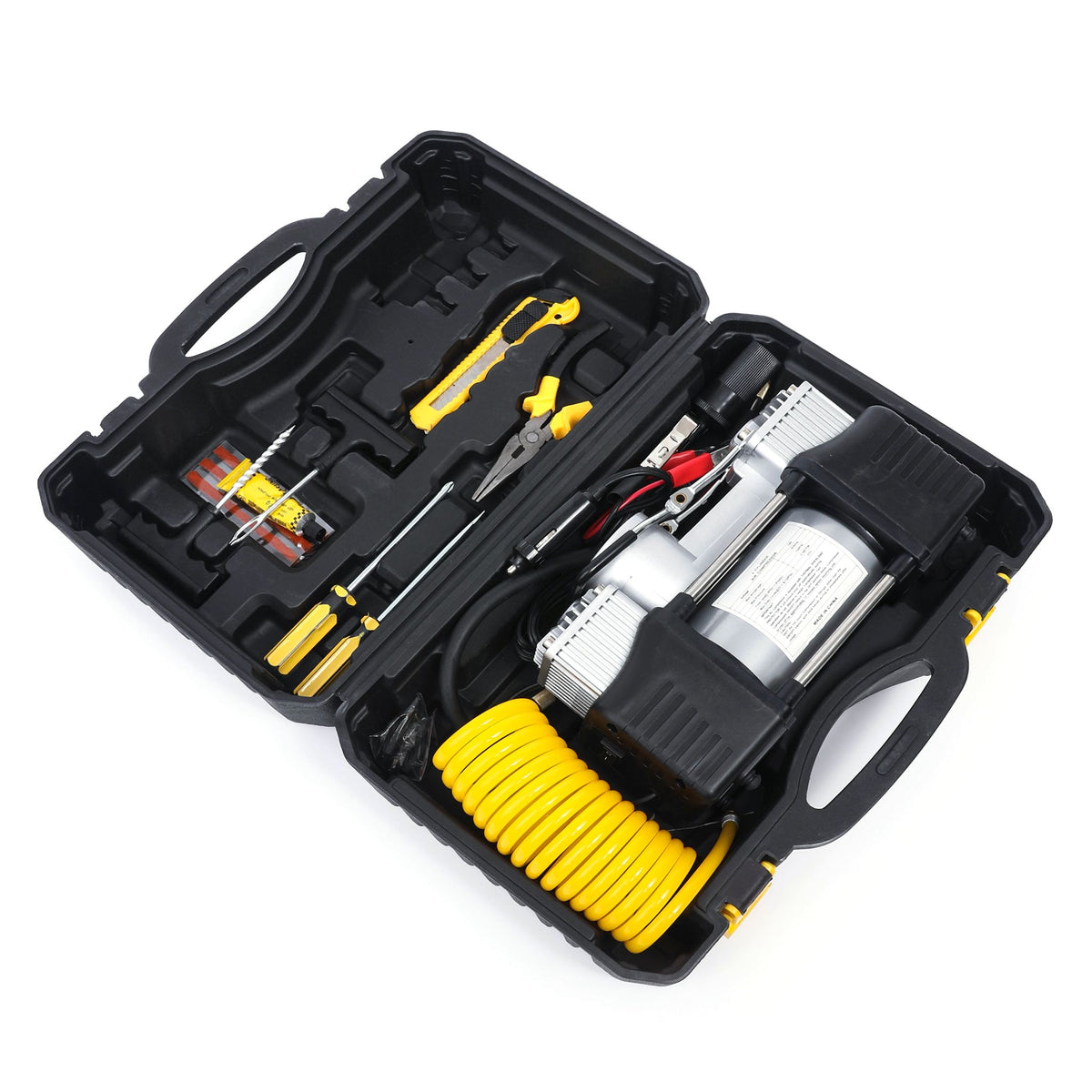 Kit pana auto complet, compresor 2 cilindri, 500W, 12V, debit 60 l/min, furtun 5m, metal, protectie suprasarcina