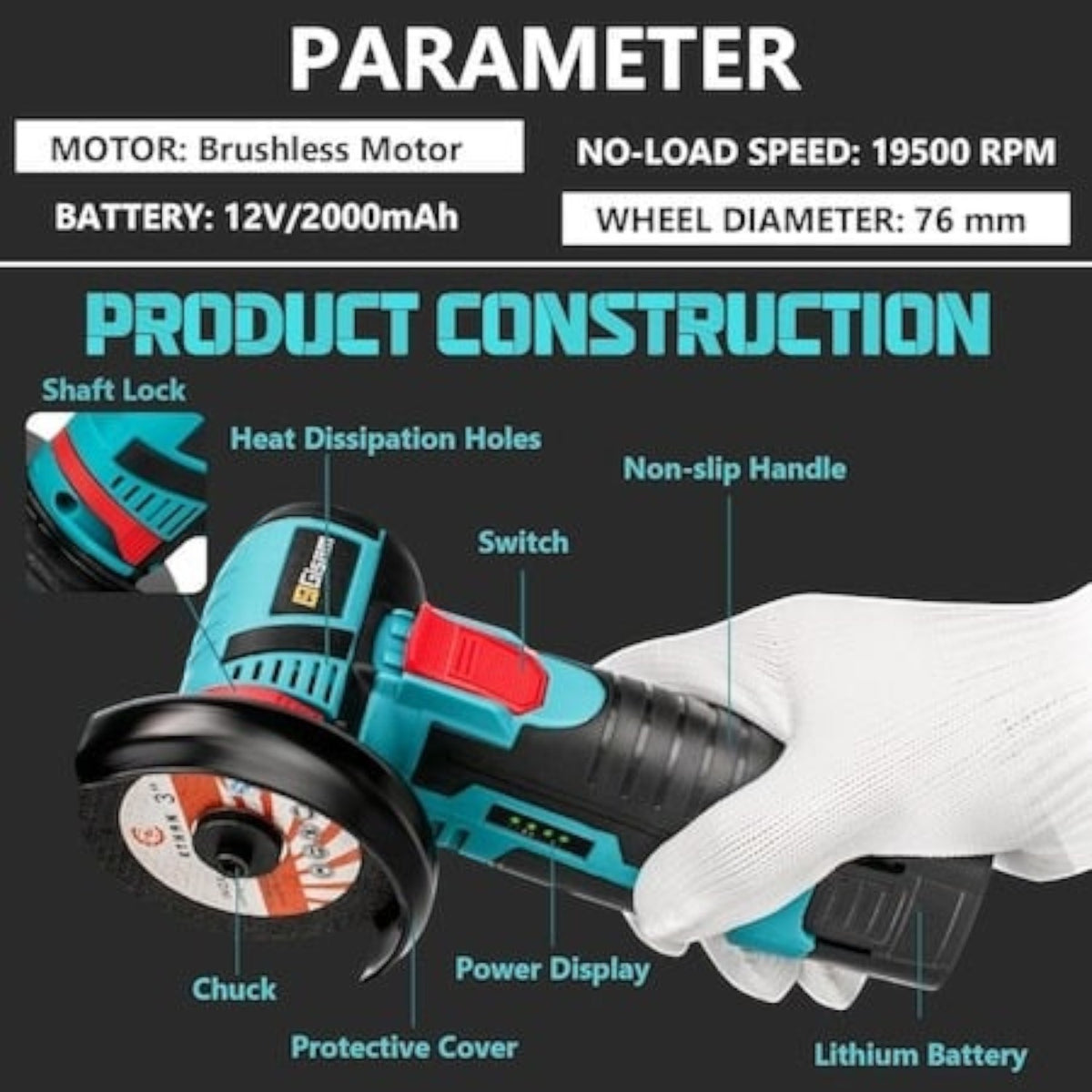 Mini polizor unghiular 750W, 48V 8.0Ah, 19500 rpm, 6 discuri incluse, soft start, Verde/Negru