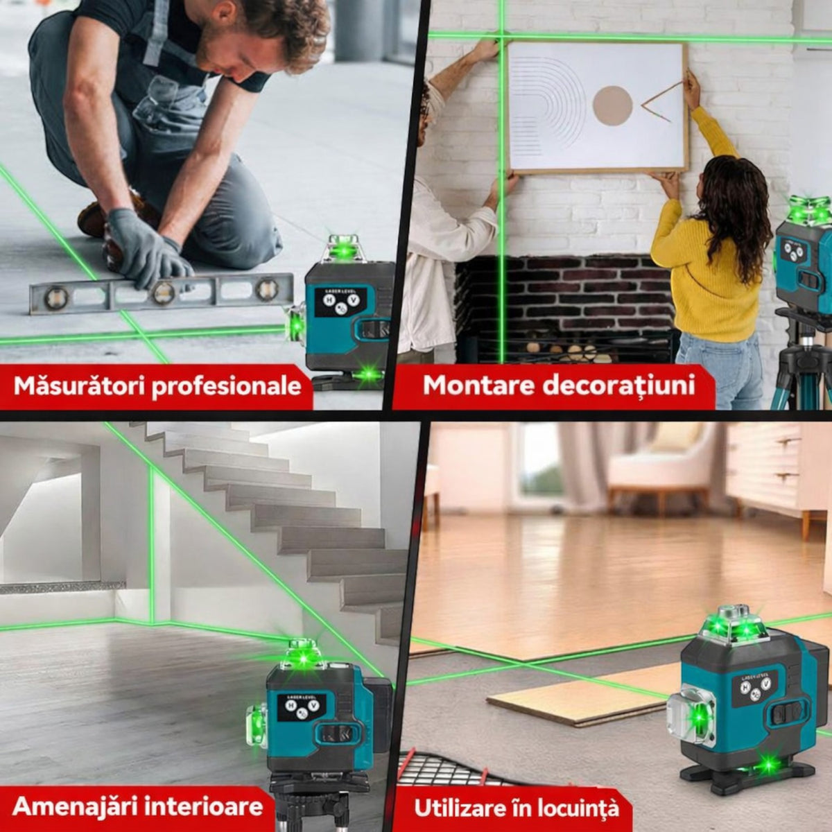 Nivela laser 4D, 16 linii, auto-nivelare, alimentare USB, 2 baterii, inaltime ajustabila 1.2 m