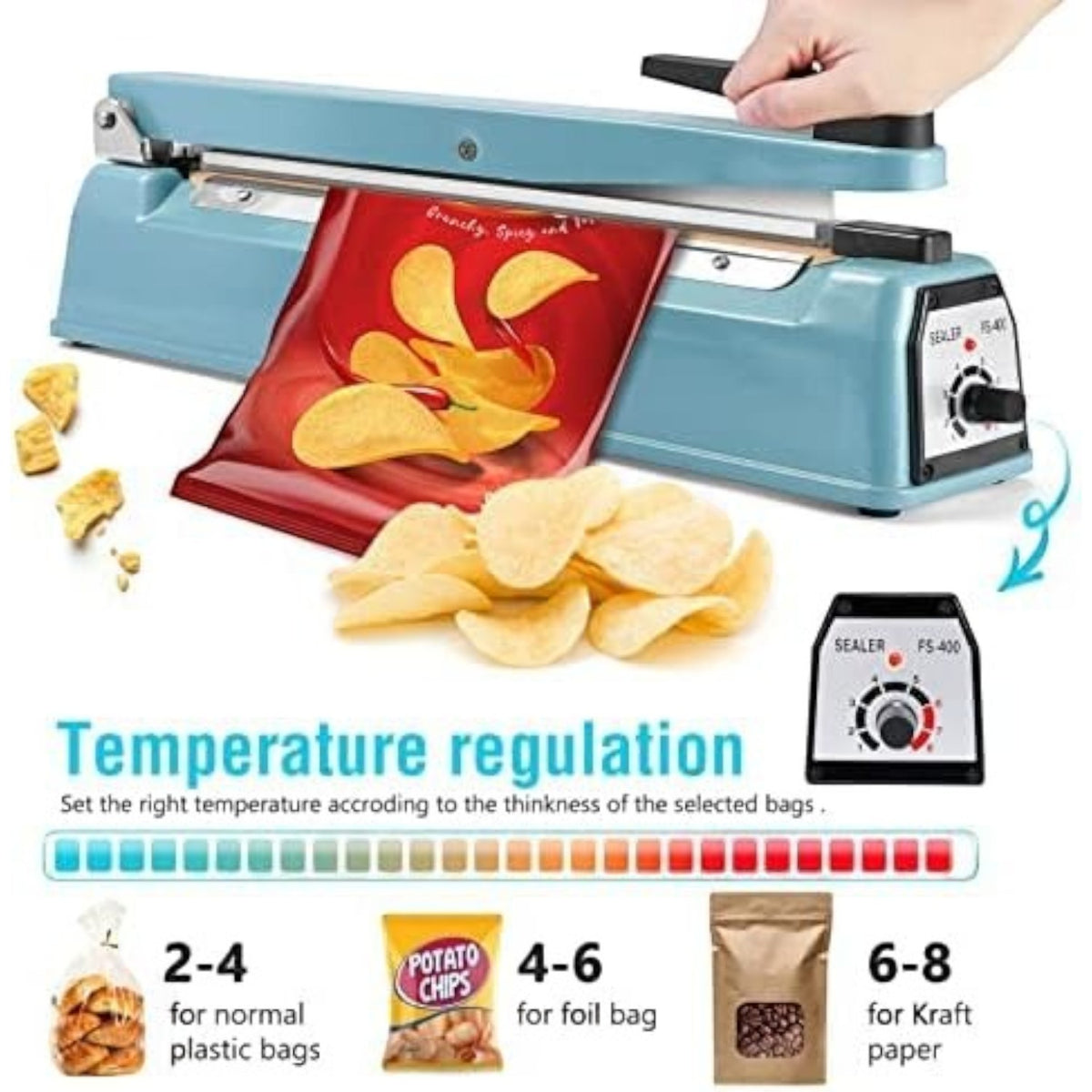 Aparat profesional de lipit si sigilat pungi plastic, 8 trepte de reglaj termic, 500W, indicator led, dimensiune bara lipire 400mm