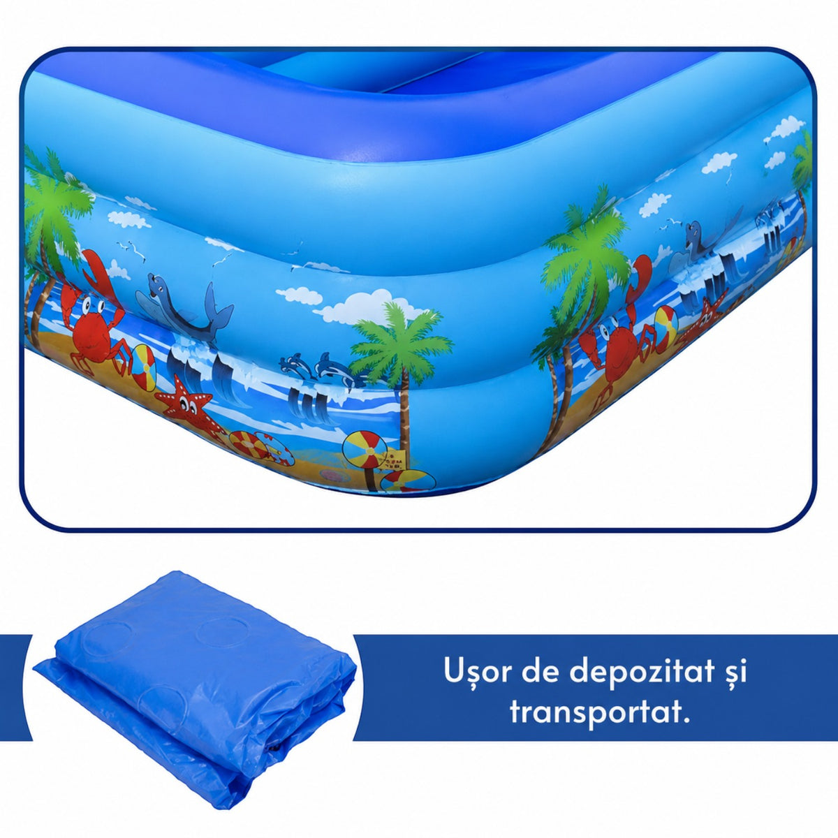 Piscina gonflabila familiala din PVC rezistent, 210x135x54 cm, 3 inele, design tropical, pentru curte si gradina