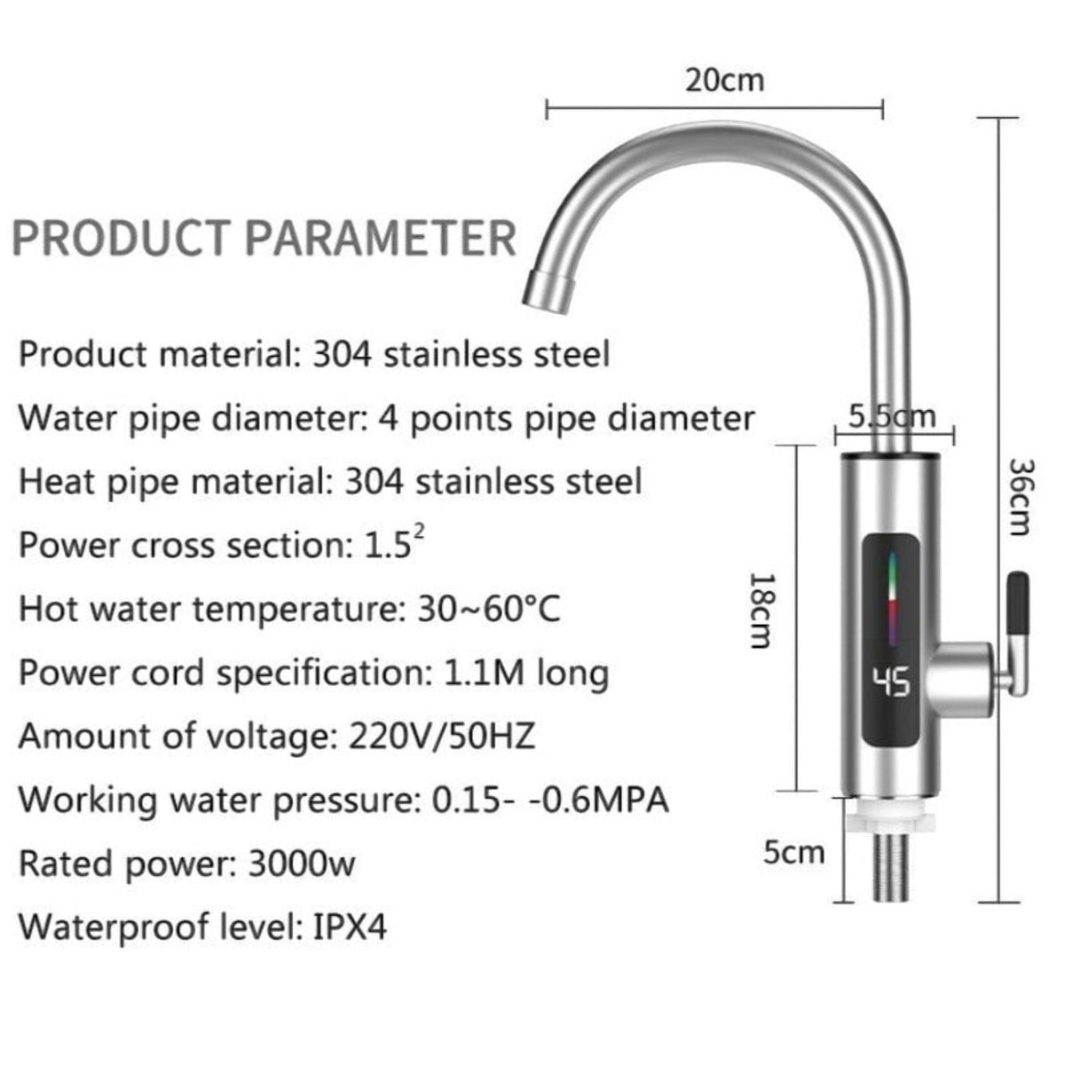 Robinet electric instant din inox, cu display si rotire 360 grade, 3000W