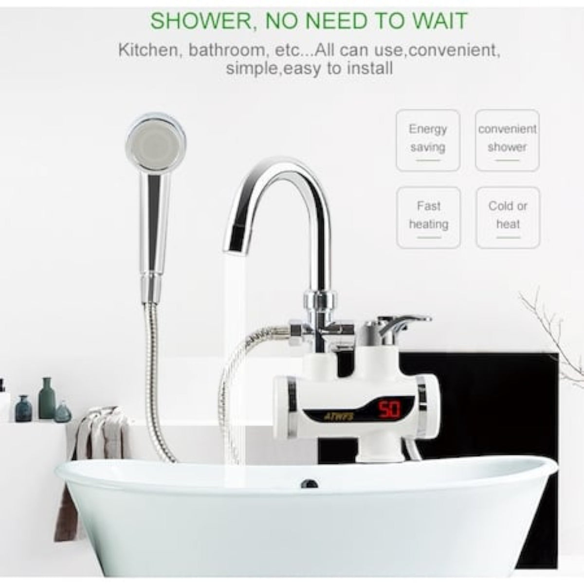 Robinet electric cu incalzire instant, 3000W, cu dus si furtun, montaj pe cada sau chiuveta
