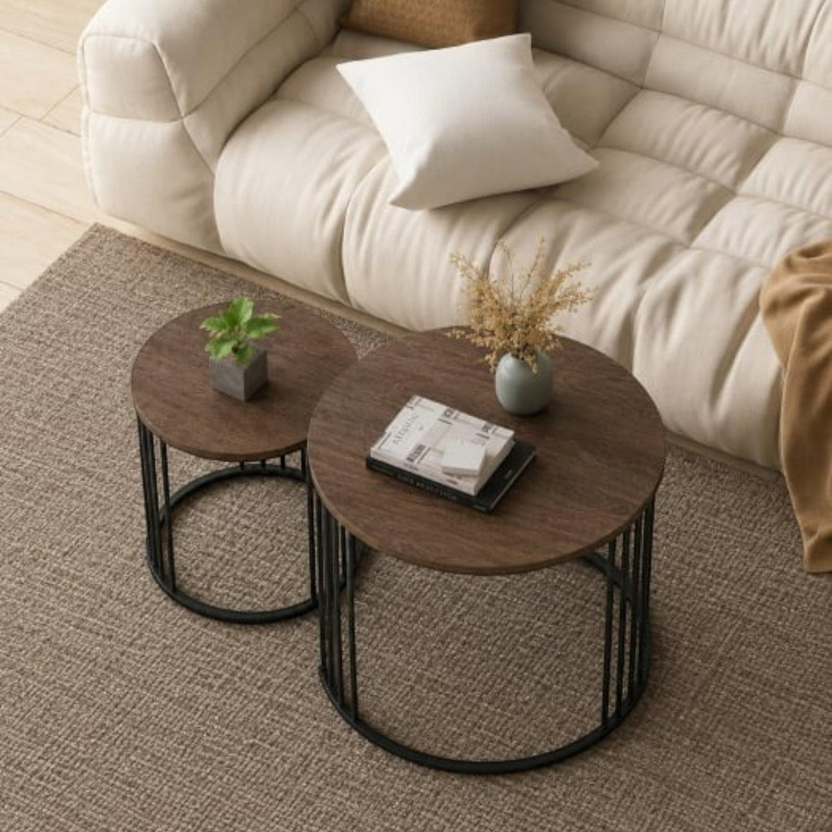 Set de 2 masute de cafea tip "Nesting", design rotund, masute laterale moderne pentru dormitor si sufragerie