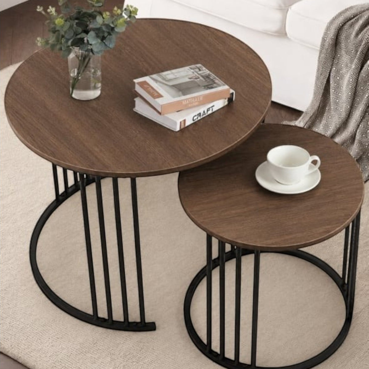 Set de 2 masute de cafea tip "Nesting", design rotund, masute laterale moderne pentru dormitor si sufragerie
