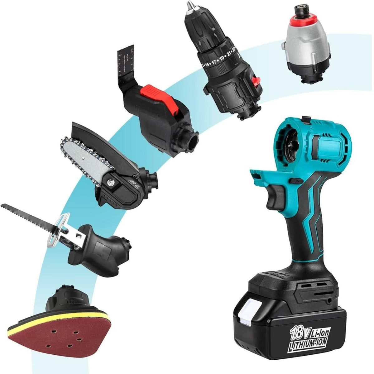 Trusa scule 6in1, 2 acumulatori 48V 8.0Ah, bormasina, drujba, fierastrau sabie, surubelnita, slefuire, lopata
