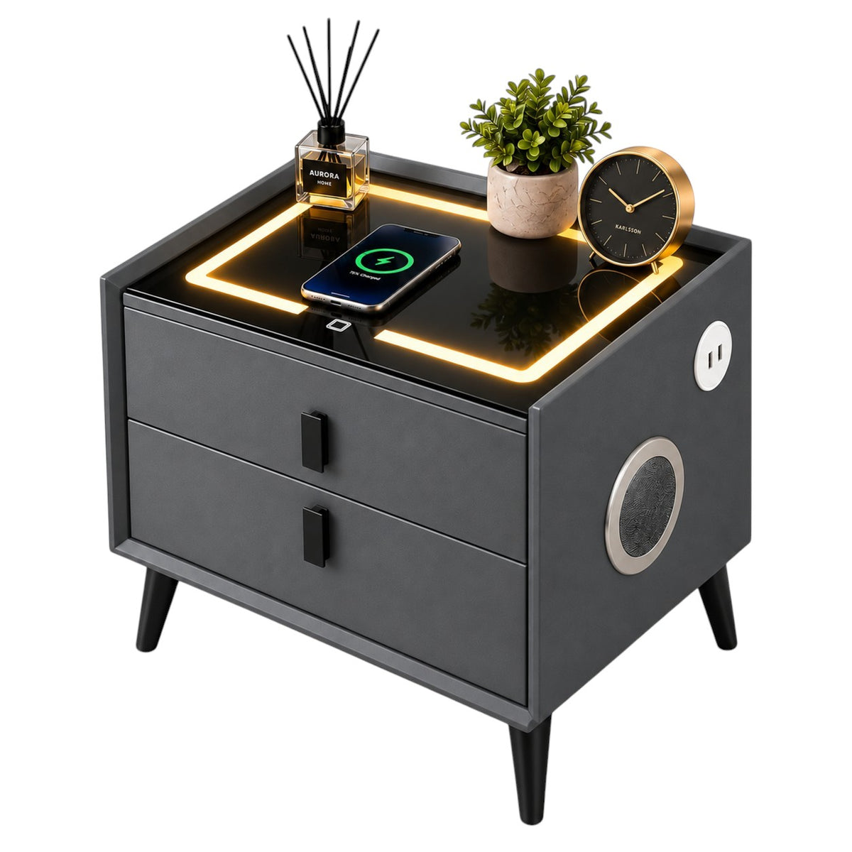 Noptiera Multifunctionala cu 2 Sertare, Incarcare Wireless si Boxa Bluetooth, Afisaj LED Tactil cu 3 Culori si 2 Porturi USB, 50x40x46cm