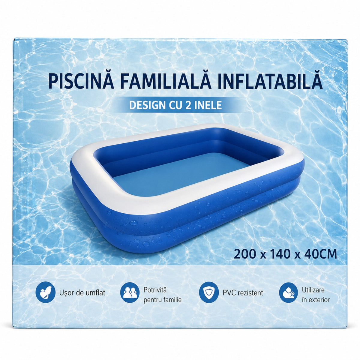 Piscina gonflabila familiala din PVC rezistent, 200x140x40 cm, 2 inele, pentru curte si gradina