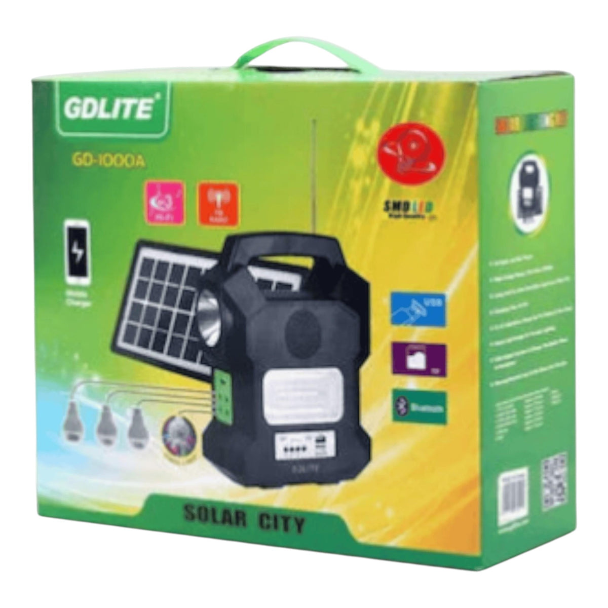 Kit Solar Portabil GDLITE GD-1000A, Panou Solar, USB, Bluetooth, Radio FM, MP3, Lanterna LED, 4 Becuri Incluse, Alimentare 220V