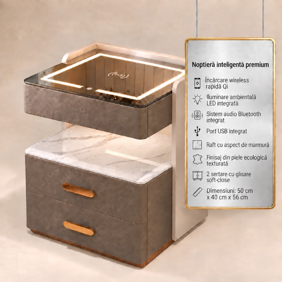 Noptiera Multifunctionala cu 2 Sertare, Spatiu de Depozitare, Blat din Piatra Sinterizata, Incarcare Wireless, Boxa Bluetooth, Port USB, Lumina de Noapte cu Senzor, 56x40x50cm