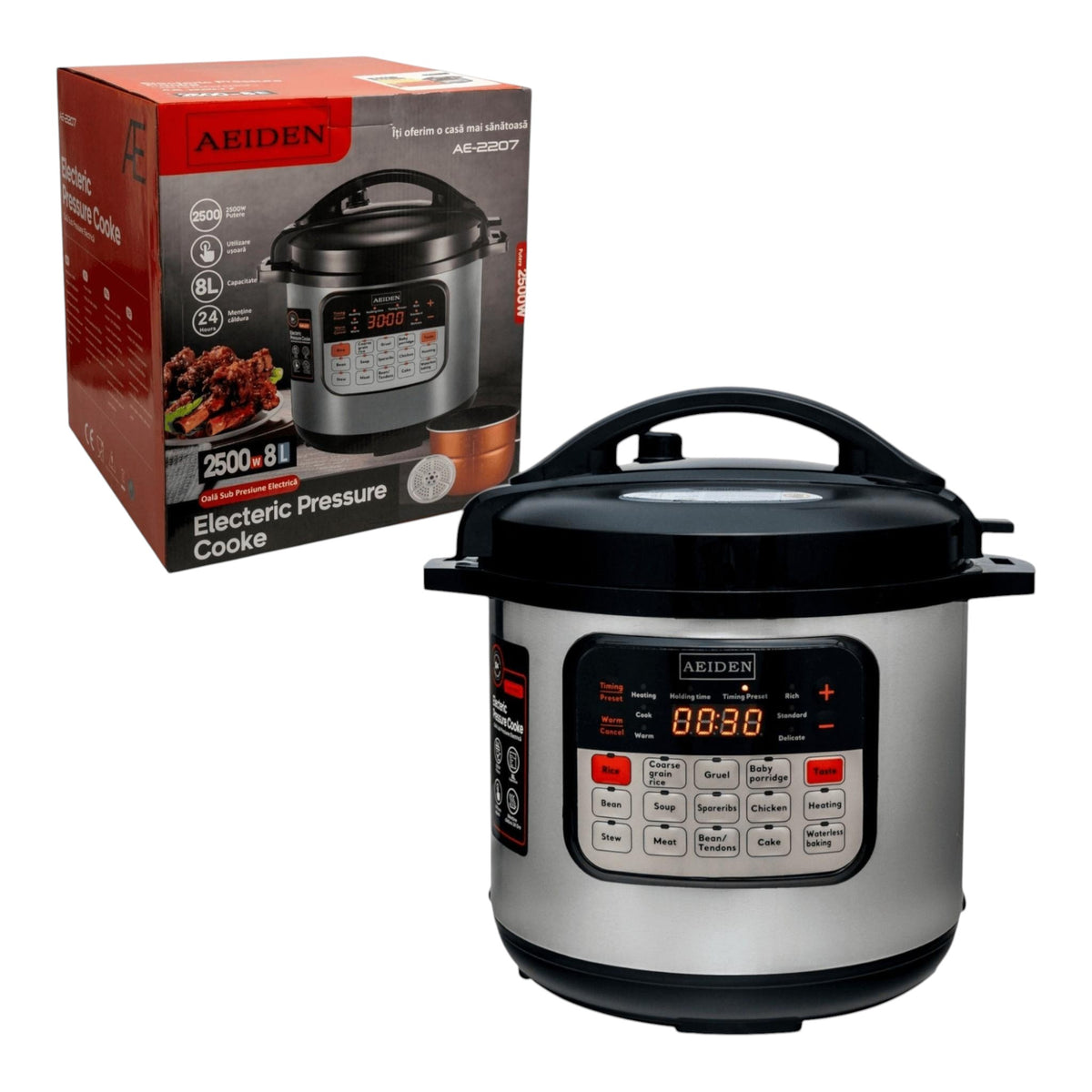 Oala Electrica Sub Presiune 2500W, Capacitate 8L,  9 Programe, Otel Inoxidabil, Vas Antiaderent