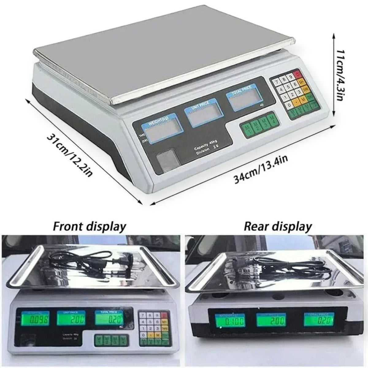Cantar electronic 40 kg, digital, acumulator inclus, afisaj dublu, functii multiple