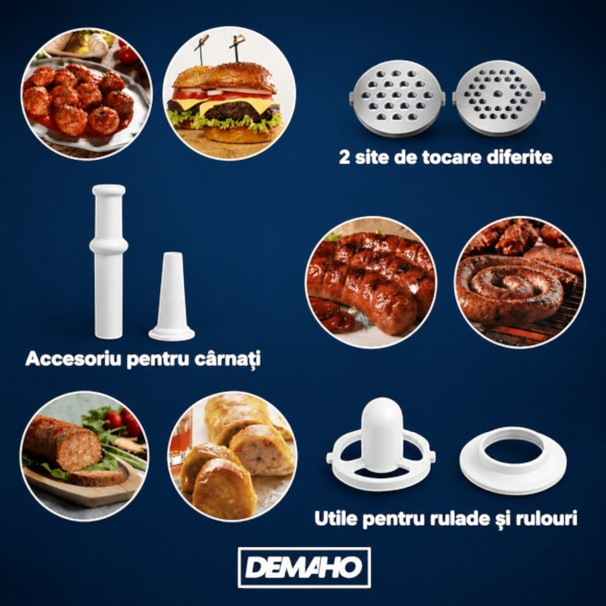 Masina de tocat carne electrica 3000 W – 120 kg/ora, 2 site inox, functie Reverse, componente detasabile