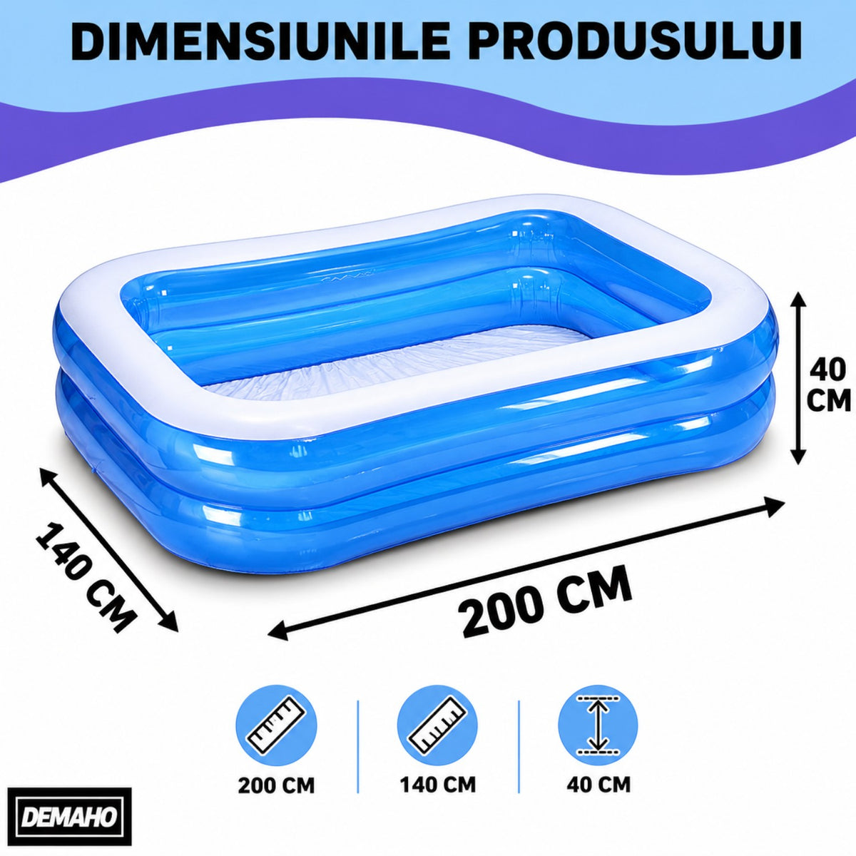 Piscina gonflabila familiala din PVC rezistent, 200x140x40 cm, 2 inele, pentru curte si gradina