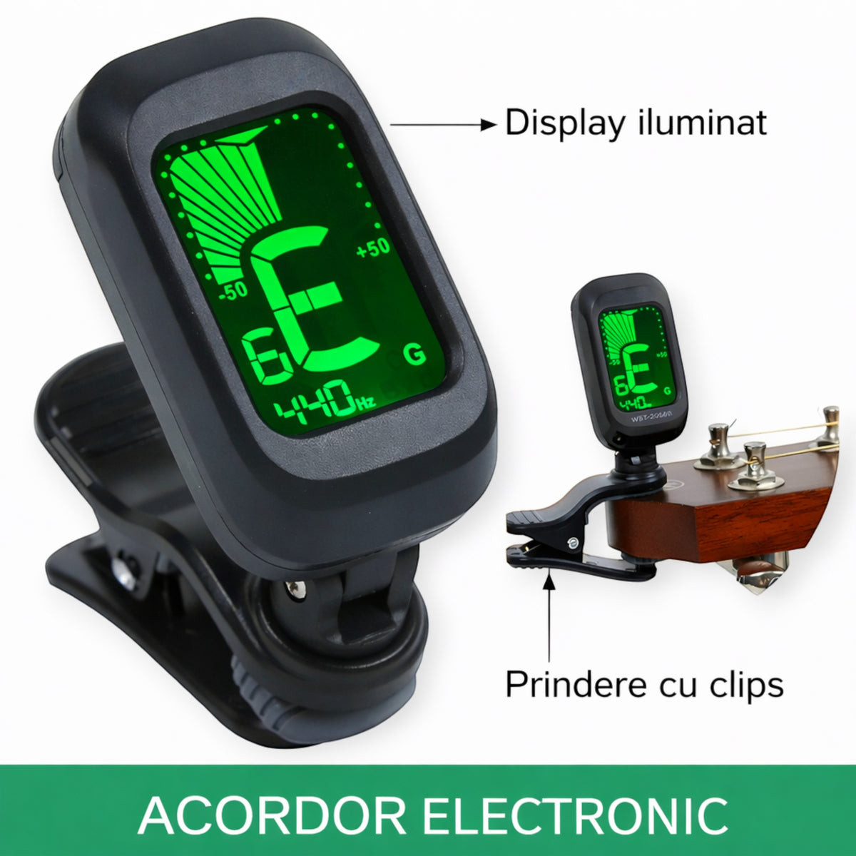 Acordor cromatic cu clema, ecran LCD, 430-450 Hz, pentru chitara, vioara, ukulele, bass