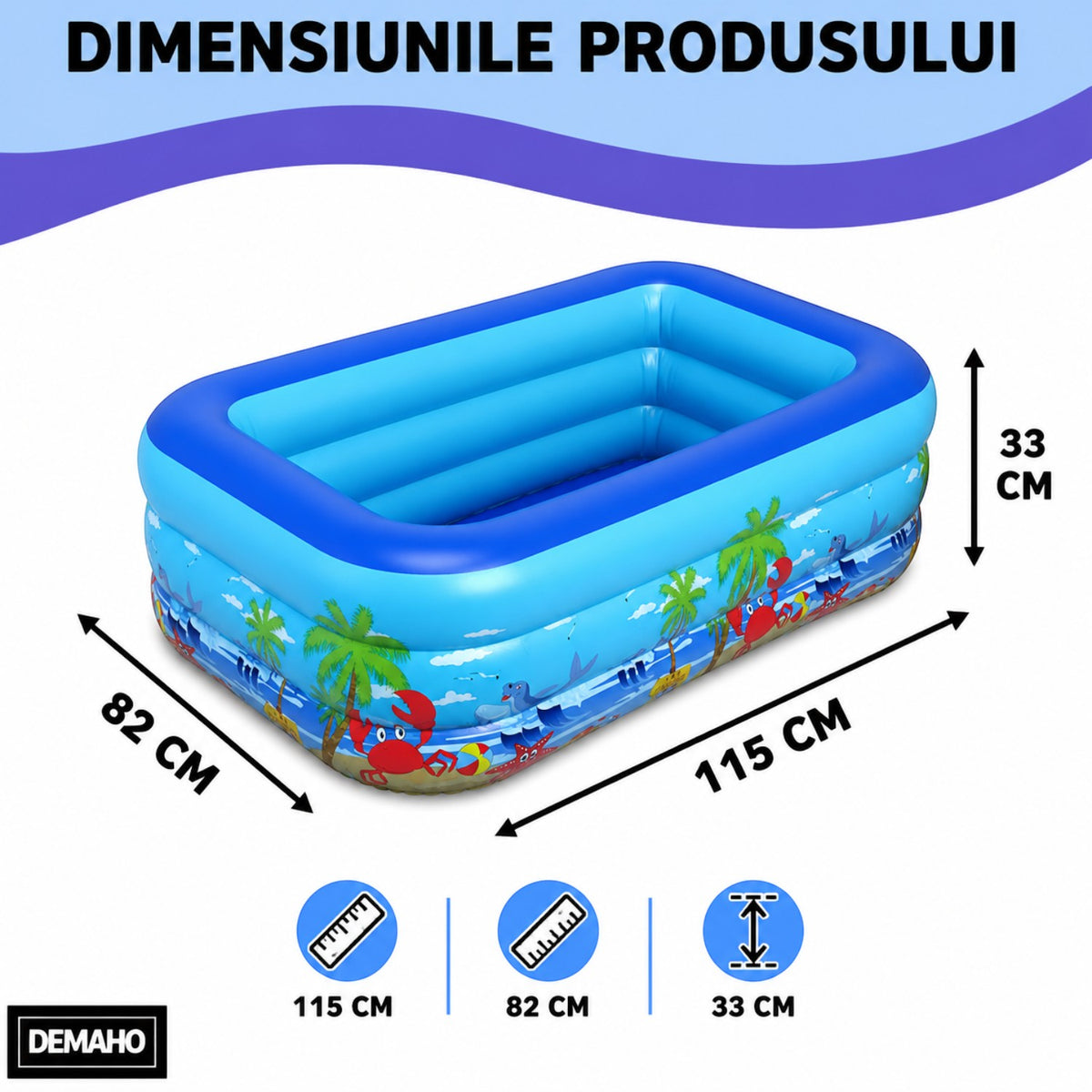 Piscina gonflabila pentru copii din PVC rezistent, 115x82x33 cm, 3 inele, design tropical, pentru terasa si curte
