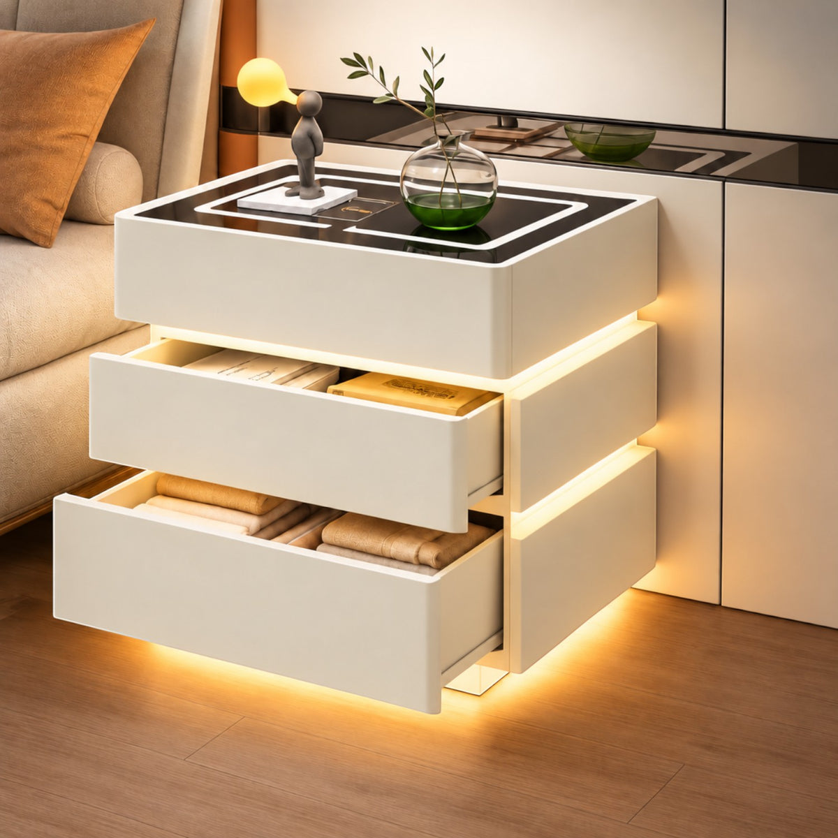 Noptiera Multifunctionala cu 3 Sertare, Design Suspendat, Incarcare Wireless si Boxa Bluetooth, Iluminare LED Ambientala Tricolora, 50x40x62cm