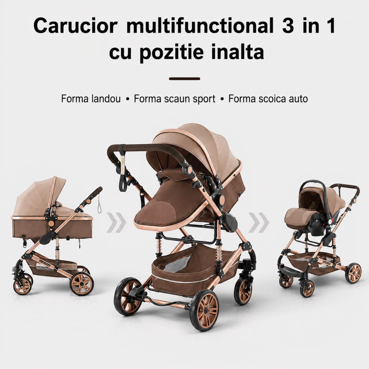 Carucior 3 in 1 Multifunctional, cu suspensii, Pliabil, Landou, Scaun Auto si Carucior Sport, 0-36 luni, 25 kg, roti cauciuc, cos depozitare
