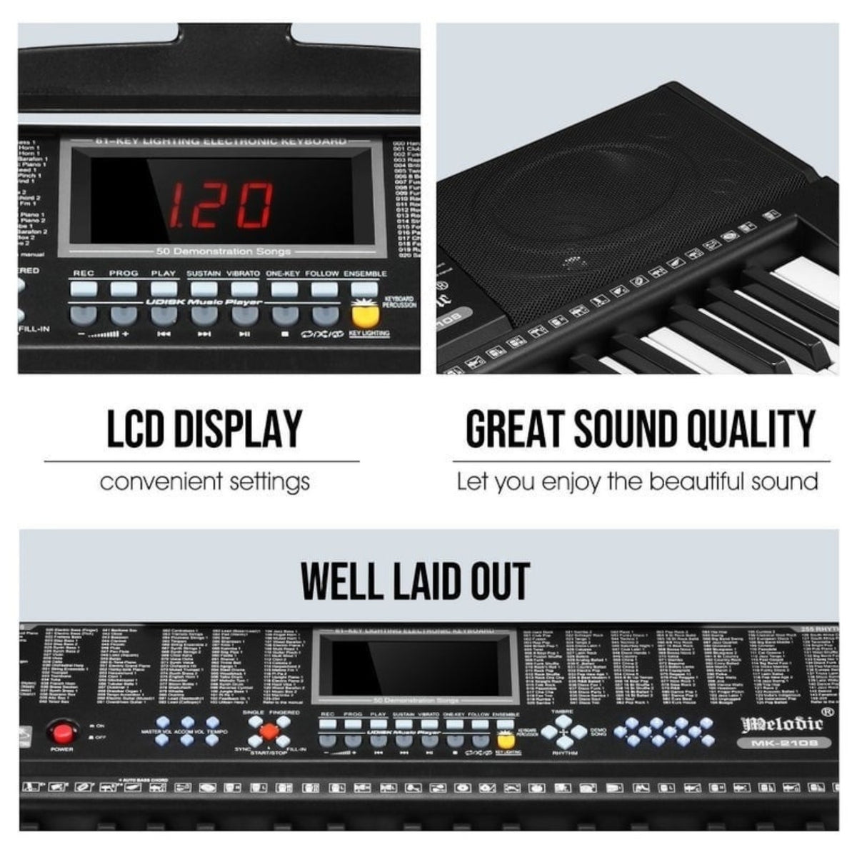 Orga MK2108, 61 clape luminate LED, 5 octave, 255 timbre, 255 ritmuri, ecran LCD