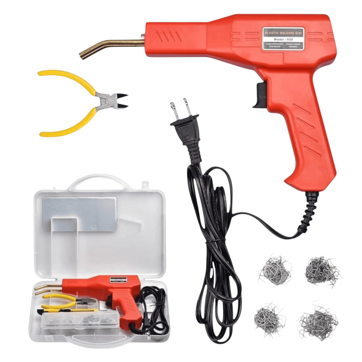 Set pistol pentru lipit plastic, sudat plastic, repararea fisurilor, 50W, 200 capse, cutie inclusa