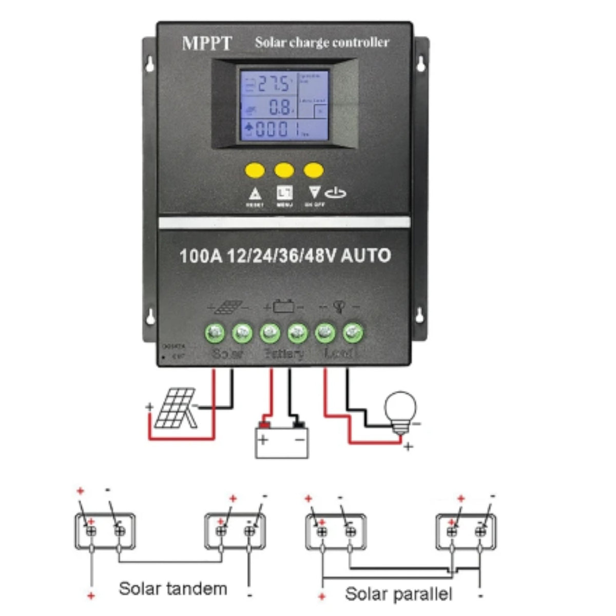 Controler solar MPPT 100A, 12V/24V/36V/48V, display LCD, 7 moduri de functionare