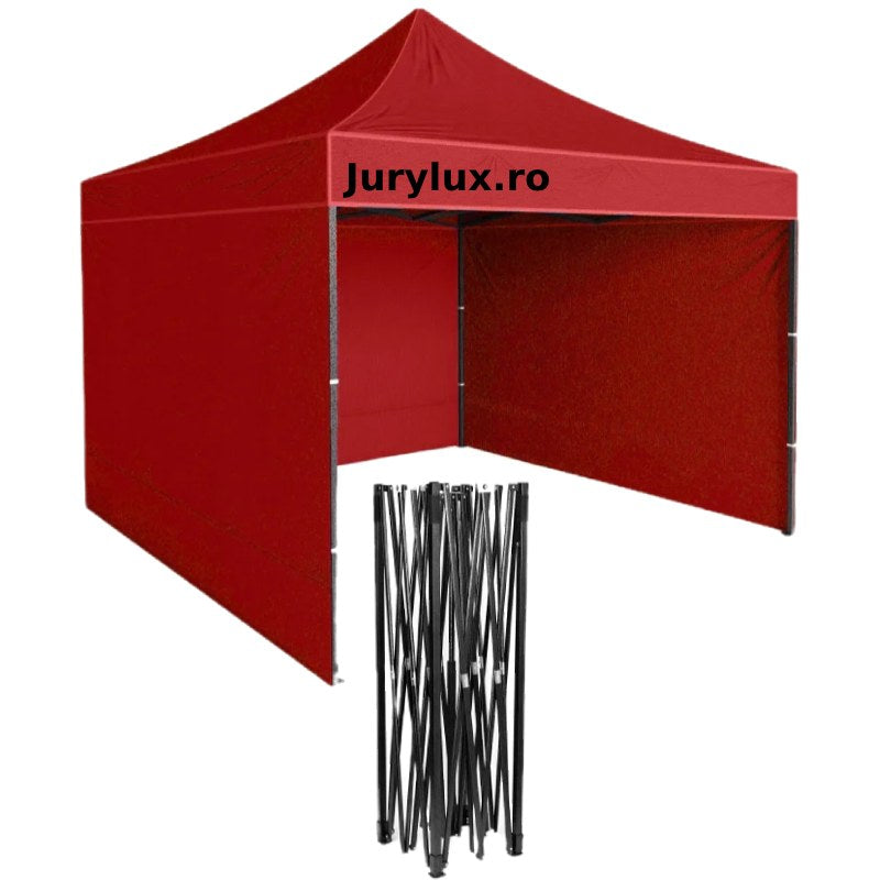 Cort Pavilion cu 3 Pereti Laterali si Cadru Pliabil pentru Gradina sau Evenimente, Dimensiuni 3x3m, Culoare rosu.