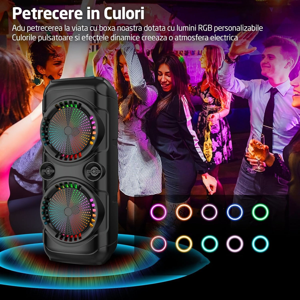 Boxa portabila tip Troler, Bluetooth 5.0, 350W, 2400mAh, Jocuri Lumini RGB, Conexiune USB, Auxiliar, Card SD, Radio FM, Microfon, Telecomanda, Doua Difuzoare 8 Inch